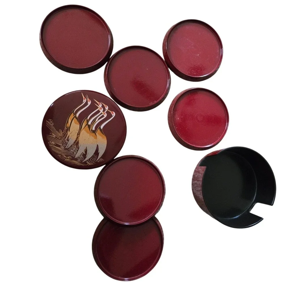 Vintage Japanese Lacquer Ware Crane‎ Coaster Set 6 Made in Japan